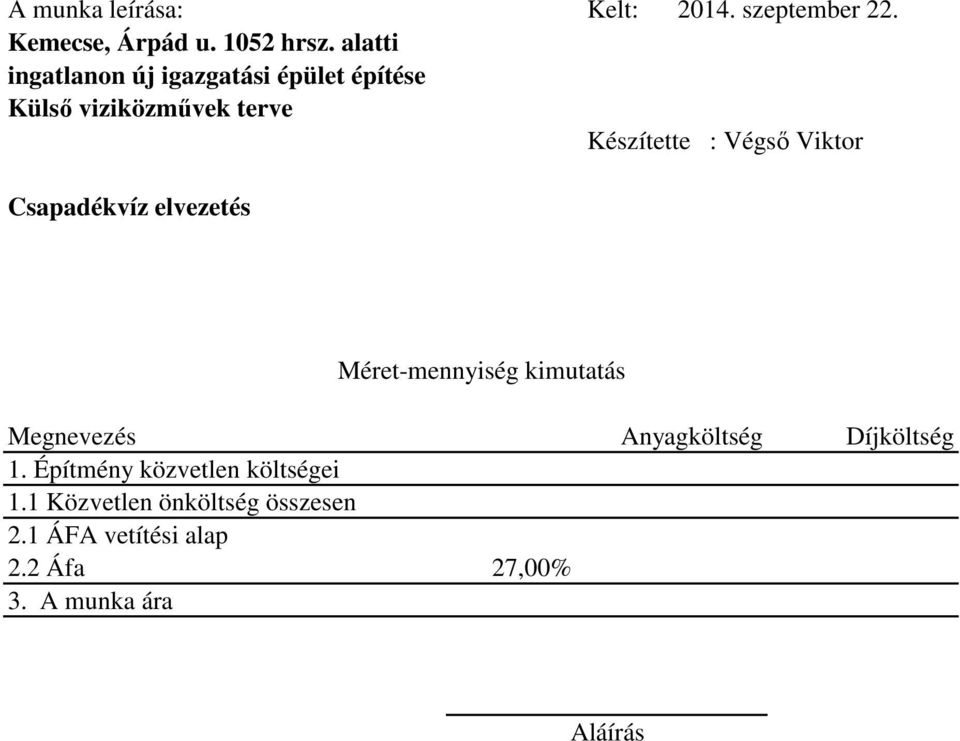 Viktor Csapadékvíz elvezetés Méret-mennyiség kimutatás Megnevezés költség költség 1.