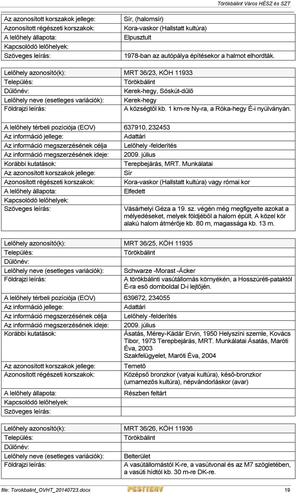 Lelőhely azonosító(k): MRT 36/23, KÖH 11933 Település: Törökbálint Dűlőnév: Kerek-hegy, Sóskút-dűlő Lelőhely neve (esetleges variációk): Kerek-hegy Földrajzi leírás: A községtől kb.