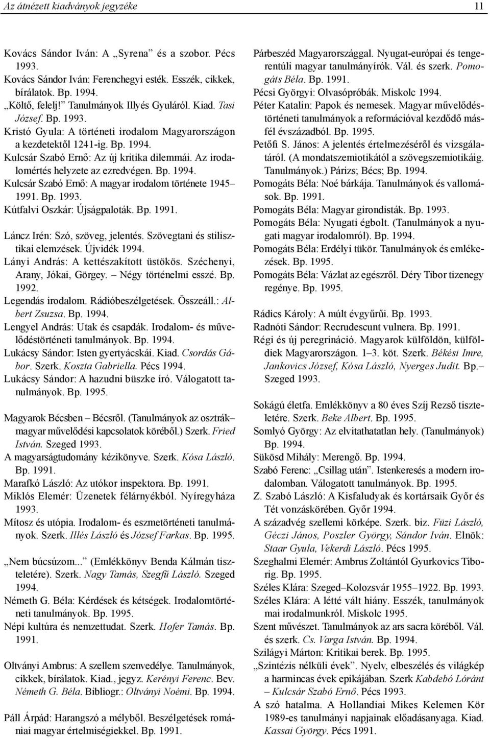 Az irodalomértés helyzete az ezredvégen. Bp. 1994. Kulcsár Szabó Ernő: A magyar irodalom története 1945 1991. Bp. 1993. Kútfalvi Oszkár: Újságpaloták. Bp. 1991. Láncz Irén: Szó, szöveg, jelentés.