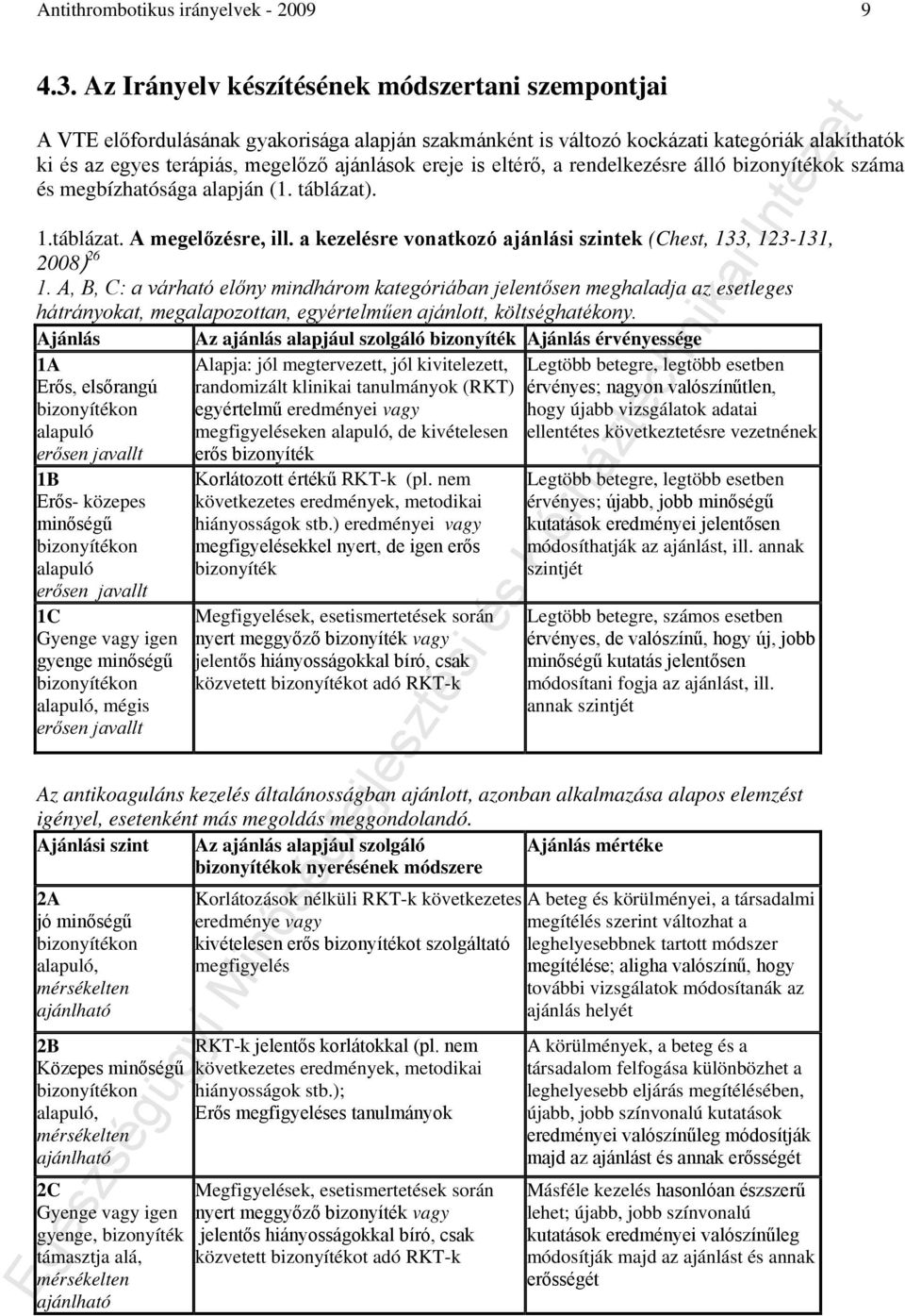 eltérő, a rendelkezésre álló bizonyítékok száma és megbízhatósága alapján (1. táblázat). 1.táblázat. A megelőzésre, ill. a kezelésre vonatkozó ajánlási szintek (Chest, 133, 123-131, 2008) 26 1.