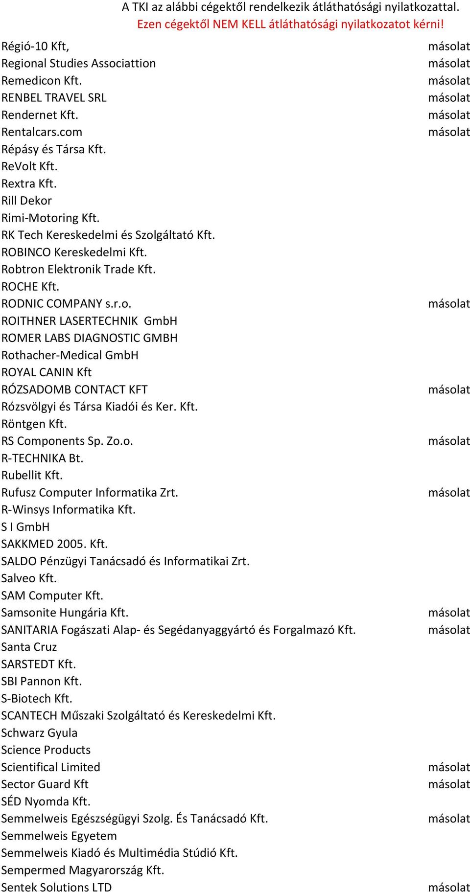 Kft. Röntgen Kft. RS Components Sp. Zo.o. R-TECHNIKA Bt. Rubellit Kft. Rufusz Computer Informatika Zrt. R-Winsys Informatika Kft. S I GmbH SAKKMED 2005. Kft. SALDO Pénzügyi Tanácsadó és Informatikai Zrt.