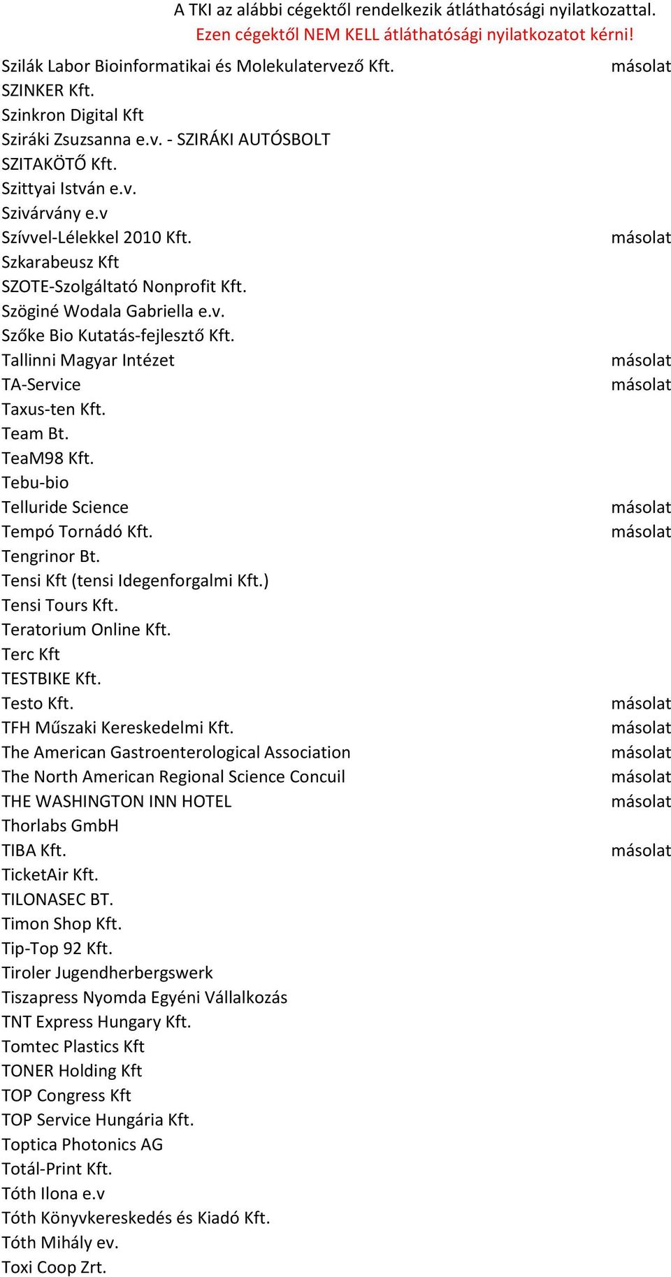 TeaM98 Kft. Tebu-bio Telluride Science Tempó Tornádó Kft. Tengrinor Bt. Tensi Kft (tensi Idegenforgalmi Kft.) Tensi Tours Kft. Teratorium Online Kft. Terc Kft TESTBIKE Kft. Testo Kft.