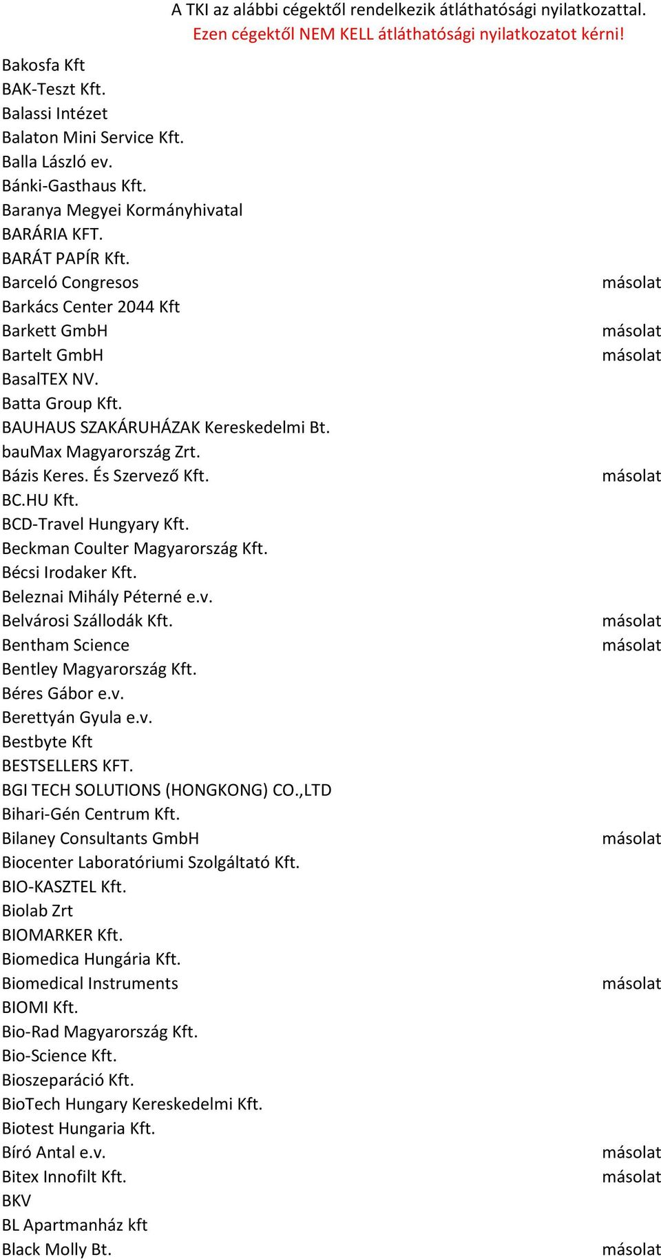 HU Kft. BCD-Travel Hungyary Kft. Beckman Coulter Magyarország Kft. Bécsi Irodaker Kft. Beleznai Mihály Péterné e.v. Belvárosi Szállodák Kft. Bentham Science Bentley Magyarország Kft. Béres Gábor e.v. Berettyán Gyula e.