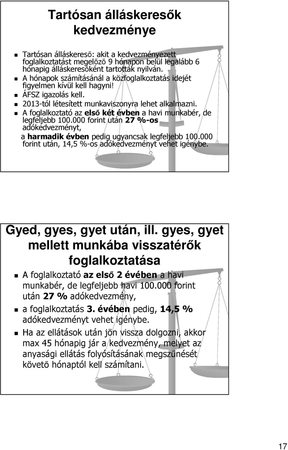 A foglalkoztató az elsőkét évben a havi munkabér, de legfeljebb 100.000 forint után 27 %-os adókedvezményt, a harmadik évben pedig ugyancsak legfeljebb 100.