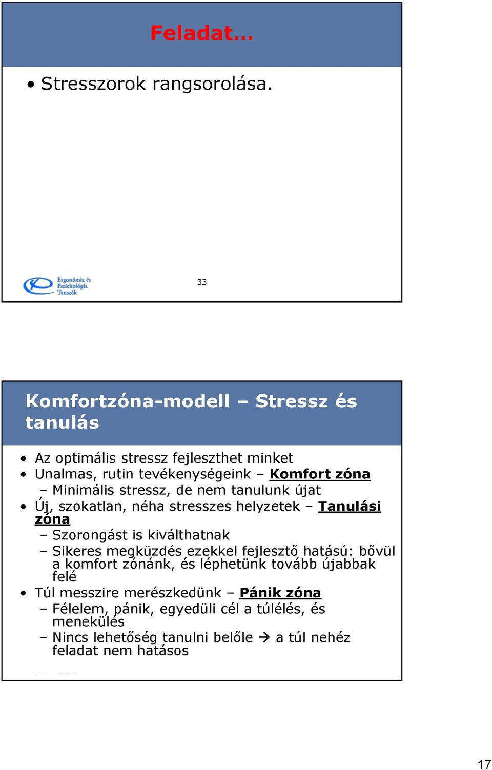 stressz, de nem tanulunk újat Új, szokatlan, néha stresszes helyzetek Tanulási zóna Szorongást is kiválthatnak Sikeres megküzdés