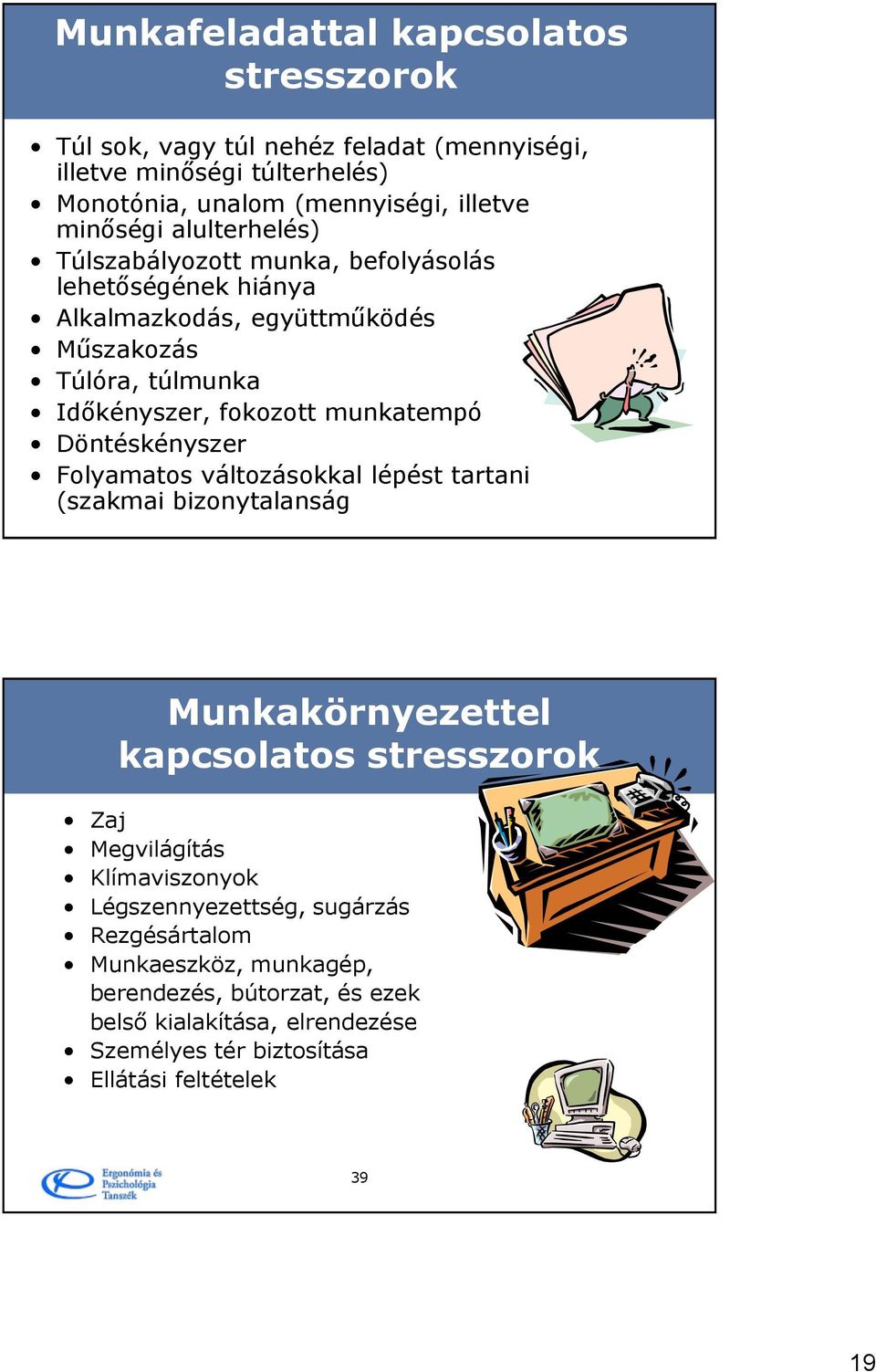 Döntéskényszer Folyamatos változásokkal lépést tartani (szakmai bizonytalanság38 Munkakörnyezettel kapcsolatos stresszorok Zaj Megvilágítás Klímaviszonyok