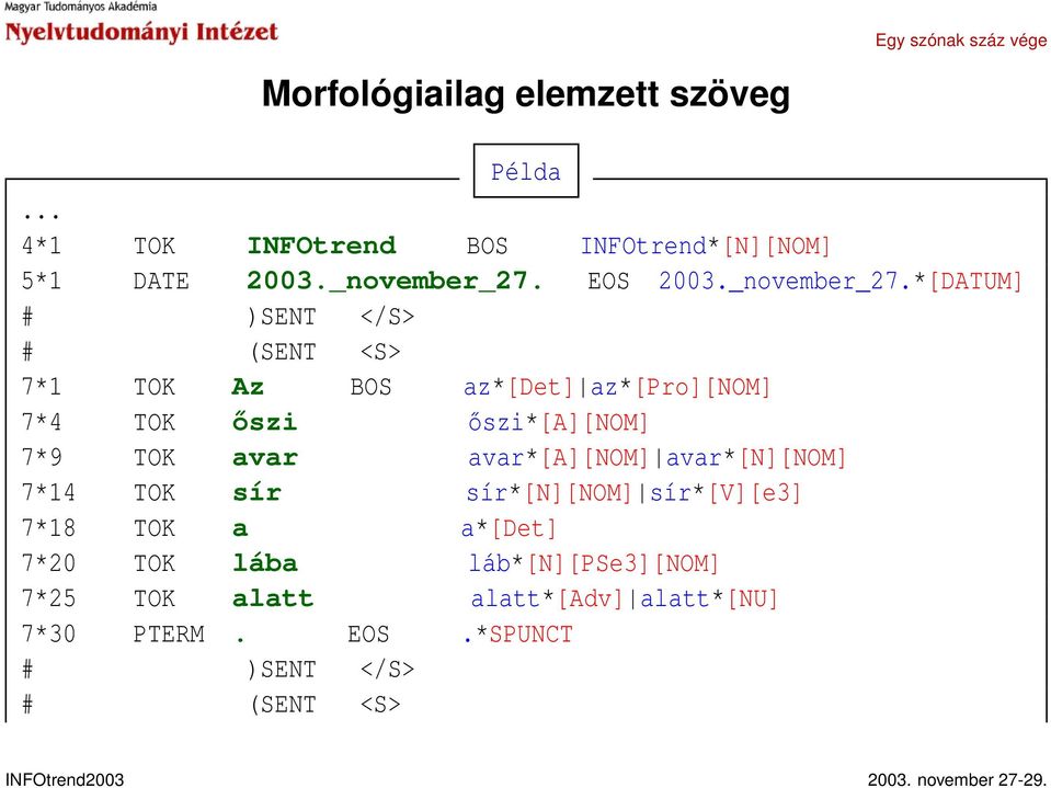 *[DATUM] # )SENT </S> # (SENT <S> 7*1 TOK Az BOS az*[det] az*[pro][nom] 7*4 TOK őszi őszi*[a][nom] 7*9 TOK avar