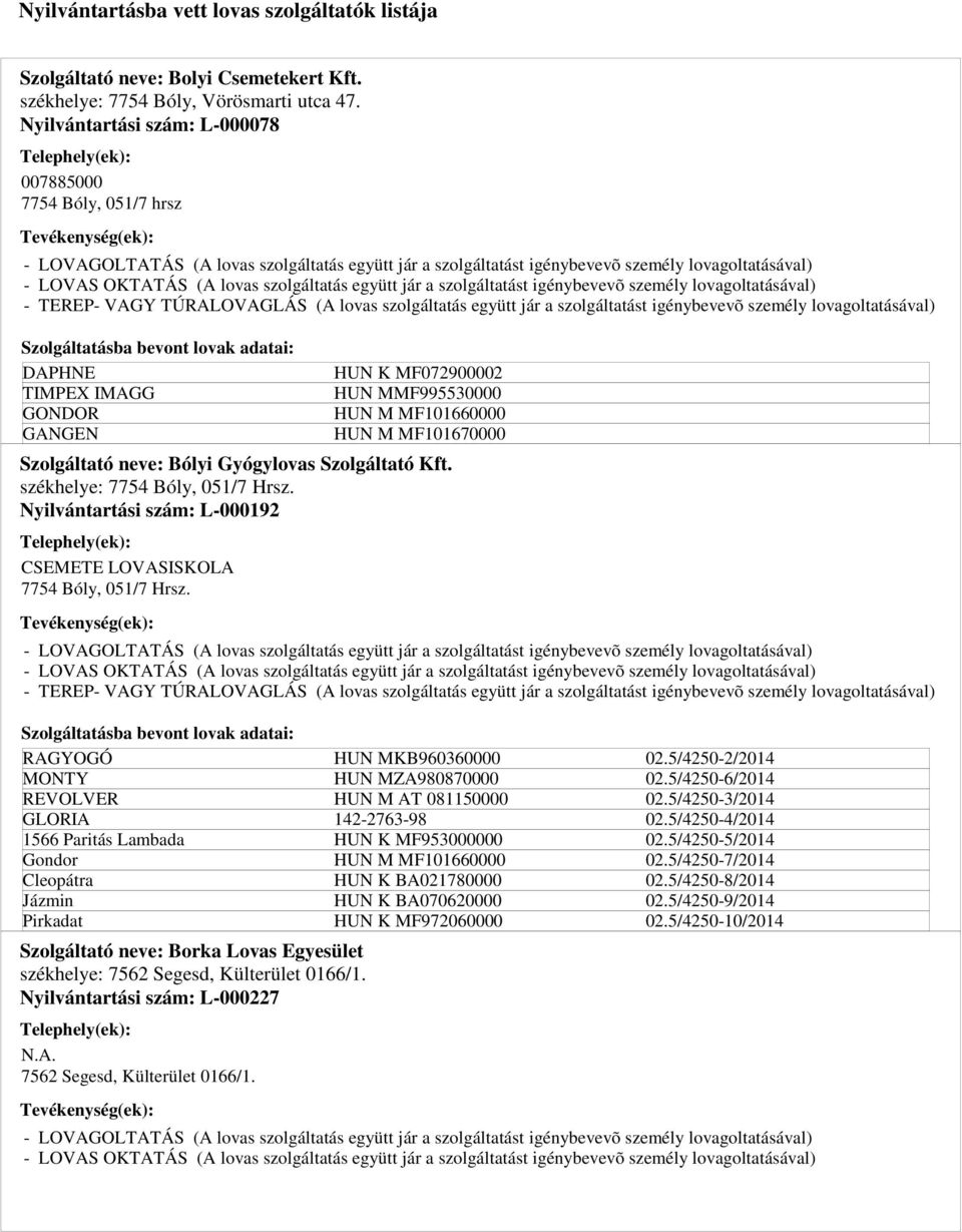 Nyilvántartási szám: L-000192 CSEMETE LOVASISKOLA 7754 Bóly, 051/7 Hrsz.