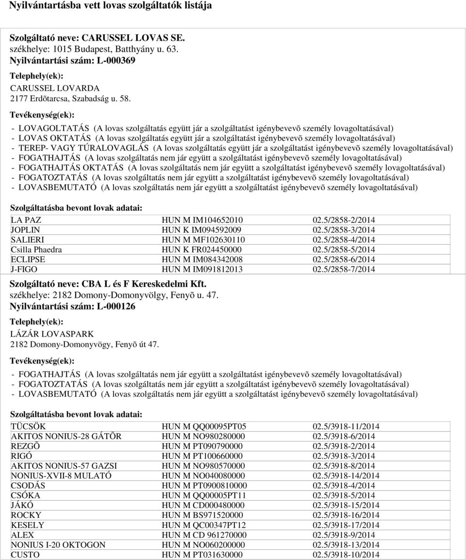 Kereskedelmi Kft. székhelye: 2182 Domony-Domonyvölgy, Fenyõ u. 47. Nyilvántartási szám: L-000126 LÁZÁR LOVASPARK 2182 Domony-Domonyvögy, Fenyõ út 47.