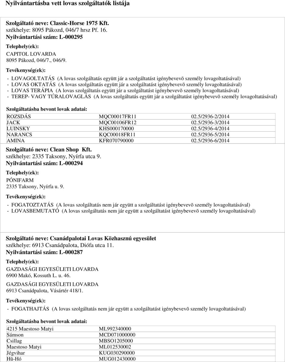 székhelye: 2335 Taksony, Nyírfa utca 9. Nyilvántartási szám: L-000294 PÓNIFARM 2335 Taksony, Nyírfa u. 9. MQC00017FR11 MQC00106FR12 KHS000170000 KQC00018FR11 KFR070790000 02.5/2936-2/2014 02.