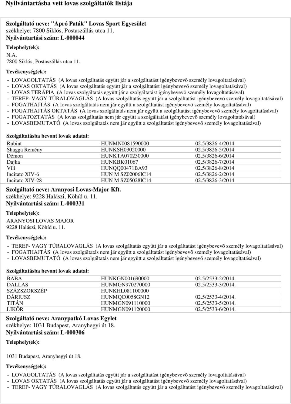 - LOVAS TERÁPIA (A lovas szolgáltatás együtt jár a szolgáltatást igénybevevõ személy lovagoltatásával) - FOGATHAJTÁS OKTATÁS (A lovas szolgáltatás nem jár együtt a szolgáltatást igénybevevõ személy