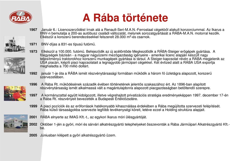 1971 BNV-díjas a 831-es típusú futómű. 1973 Elkészül a 100.000. futómű. Befejeződik az új acélöntöde Megkezdődik a RÁBA-Steiger erőgépek gyártása.