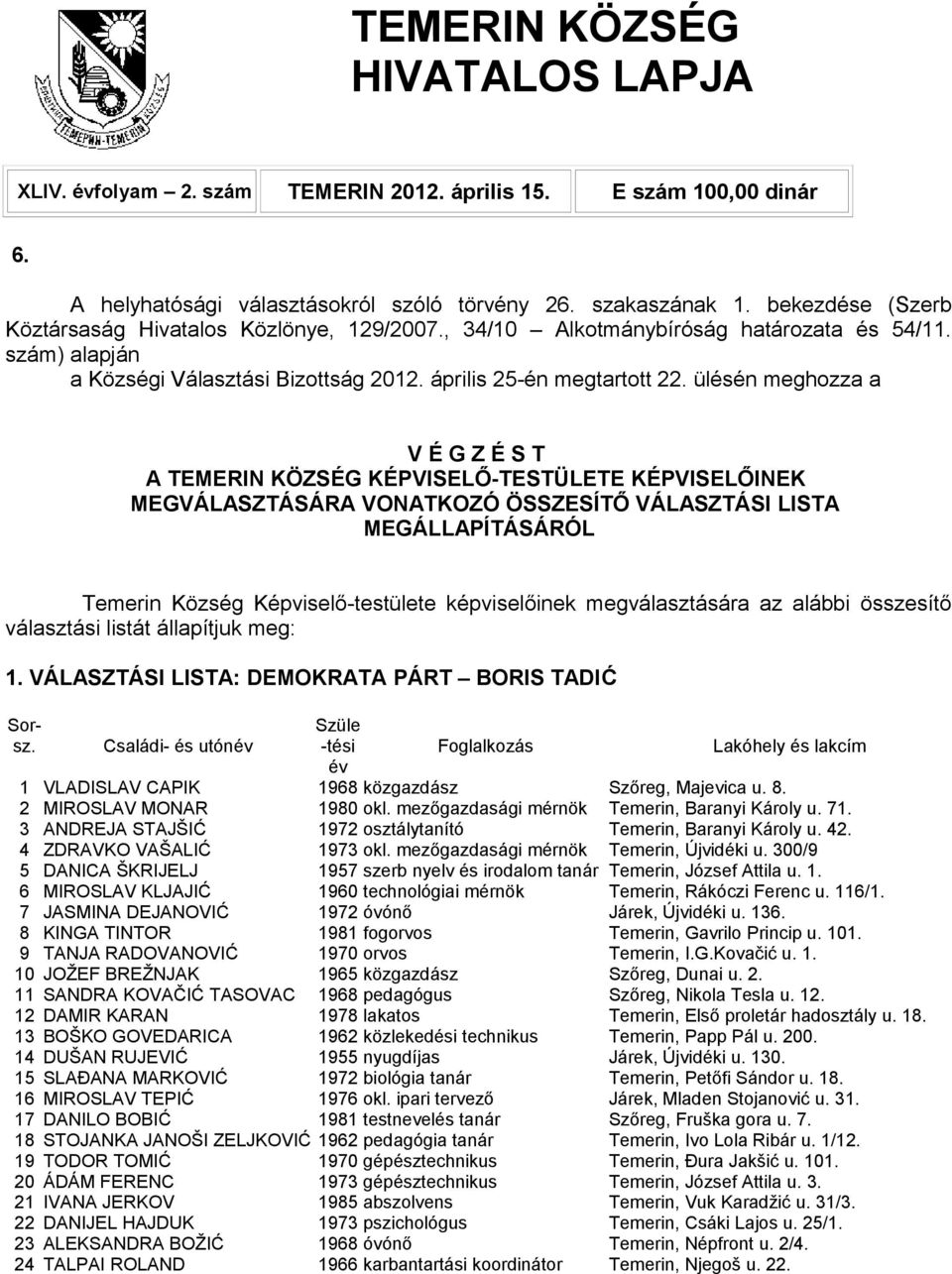 ülésén meghozza a V É G Z É S T A TEMERIN KÖZSÉG KÉPVISELŐ-TESTÜLETE KÉPVISELŐINEK MEGVÁLASZTÁSÁRA VONATKOZÓ ÖSSZESÍTŐ VÁLASZTÁSI LISTA MEGÁLLAPÍTÁSÁRÓL Temerin Község Képviselő-testülete