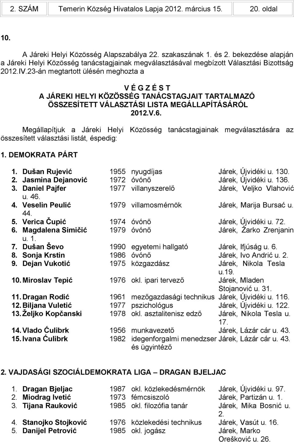 23-án megtartott ülésén meghozta a V É G Z É S T A JÁREKI HELYI KÖZÖSSÉG TANÁCSTAGJAIT TARTALMAZÓ ÖSSZESÍTETT VÁLASZTÁSI LISTA MEGÁLLAPÍTÁSÁRÓL 2012.V.6.