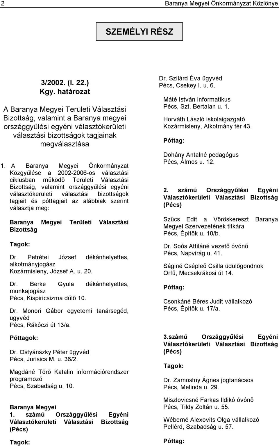 A Baranya Megyei Önkormányzat Közgyűlése a 2002-2006-os választási ciklusban működő Területi Választási Bizottság, valamint országgyűlési egyéni választókerületi választási bizottságok tagjait és