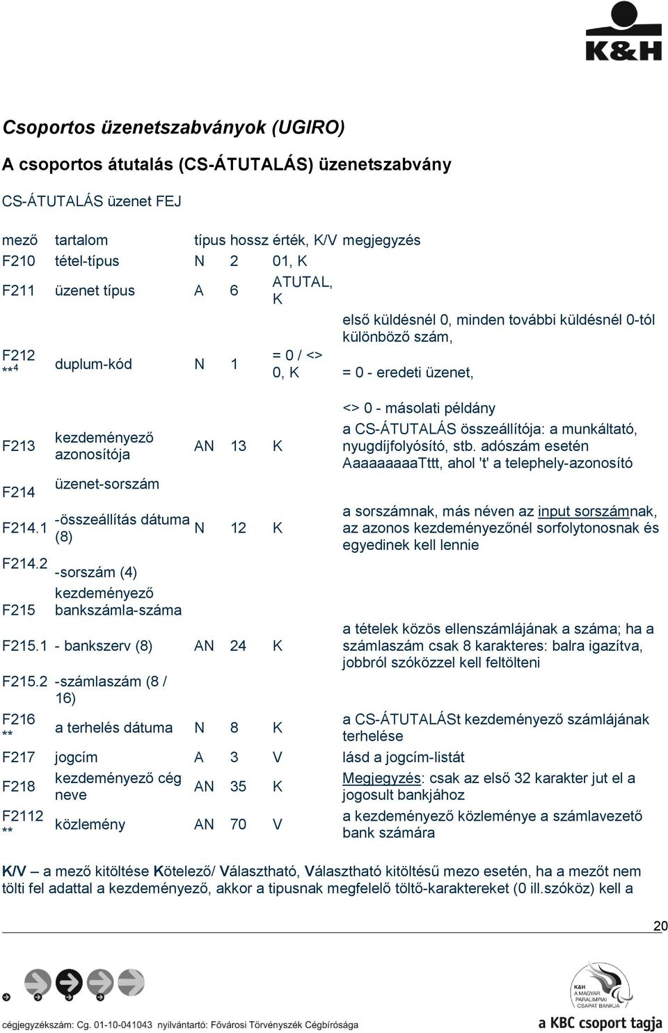 2 F216 ** - bankszerv (8) -számlaszám (8 / 16) AN 13 K N 12 K AN 24 K a terhelés dátuma N 8 K = 0 / <> 0, K első küldésnél 0, minden további küldésnél 0-tól különböző szám, = 0 - eredeti üzenet, F217