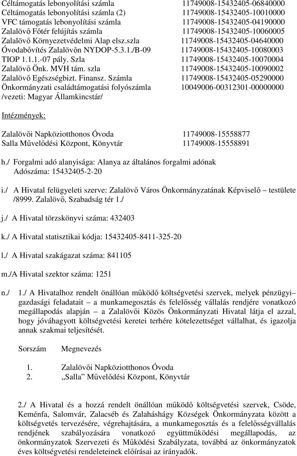 Szla 11749008-15432405-10070004 Zalalövő Önk. MVH tám. szla 11749008-15432405-10090002 Zalalövő Egészségbizt. Finansz.