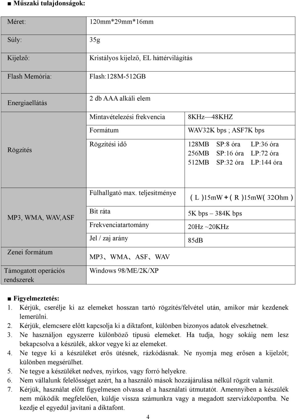 rendszerek Fülhallgató max. teljesítménye Bit ráta Frekvenciatartomány Jel / zaj arány MP3 WMA ASF WAV Windows 98/ME/2K/XP (L)15mW+( R )15mW(32Ohm) 5K bps 384K bps 20Hz ~20KHz 85dB Figyelmeztetés: 1.