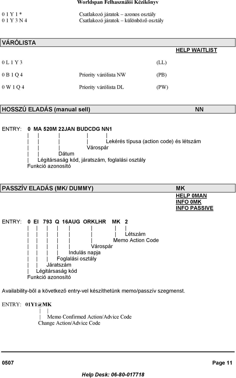 Funkció azonosító PASSZÍV ELADÁS (MK/ DUMMY) MK HELP 0MAN INFO 0MK INFO PASSIVE ENTRY: 0 EI 793 Q 16AUG ORKLHR MK 2 Létszám Memo Action Code Várospár Indulás napja Foglalási osztály