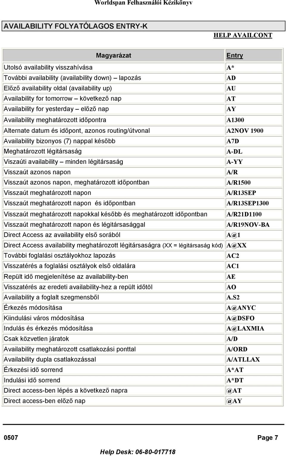 Availability bizonyos (7) nappal később A7D Meghatározott légitársaság A-DL Viszaúti availability minden légitársaság A-YY Visszaút azonos napon A/R Visszaút azonos napon, meghatározott időpontban