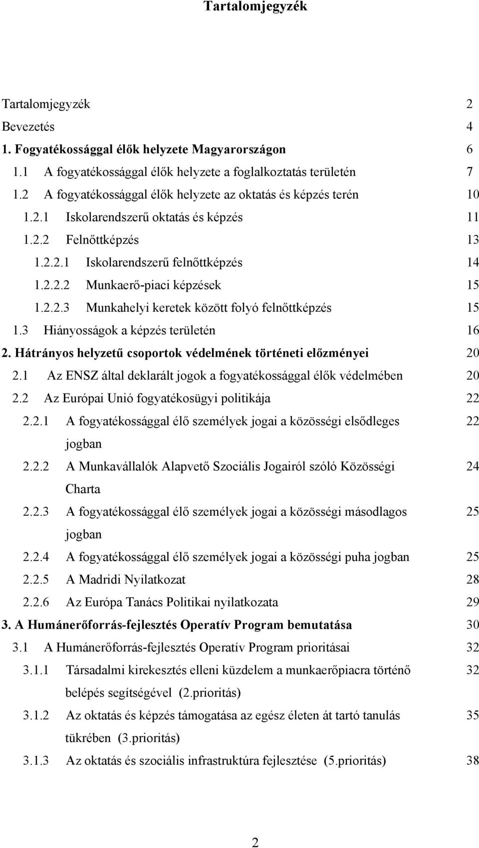 2.2.3 Munkahelyi keretek között folyó felnőttképzés 15 1.3 Hiányosságok a képzés területén 16 2. Hátrányos helyzetű csoportok védelmének történeti előzményei 20 2.