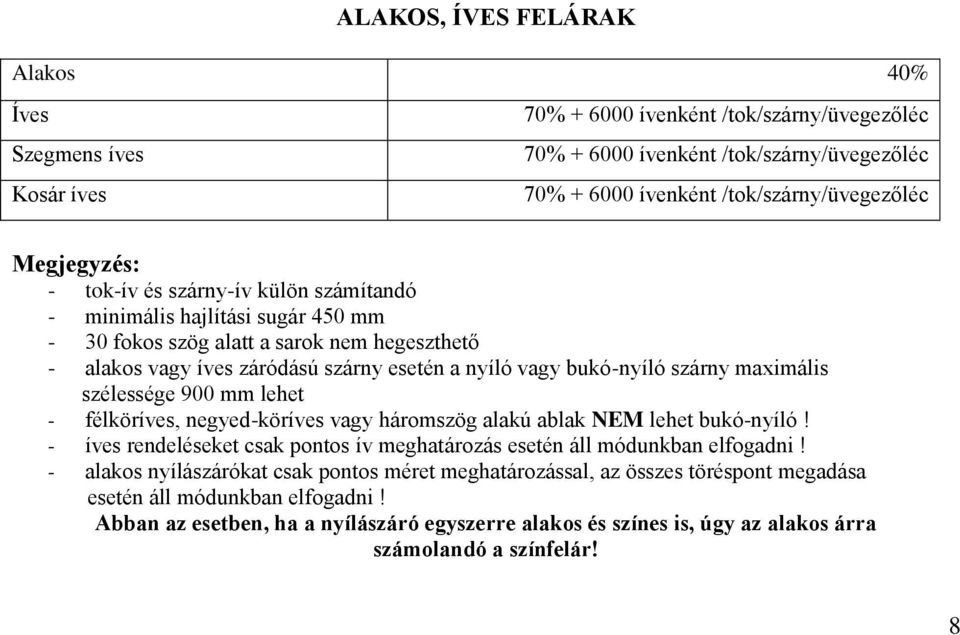 szárny maximális szélessége 900 mm lehet - félköríves, negyed-köríves vagy háromszög alakú ablak NEM lehet bukó-nyíló! - íves rendeléseket csak pontos ív meghatározás esetén áll módunkban elfogadni!