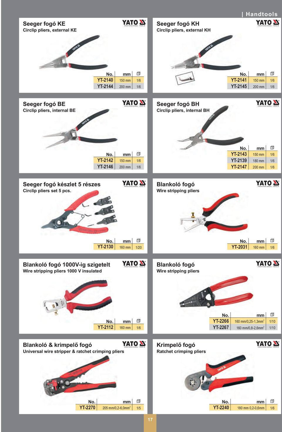 Blankoló fogó Wire stripping pliers YT-21 160 YT-2031 160 Blankoló fogó 1000V-ig szigetelt Wire stripping pliers 1000 V insulated Blankoló fogó Wire stripping pliers YT-2112 160