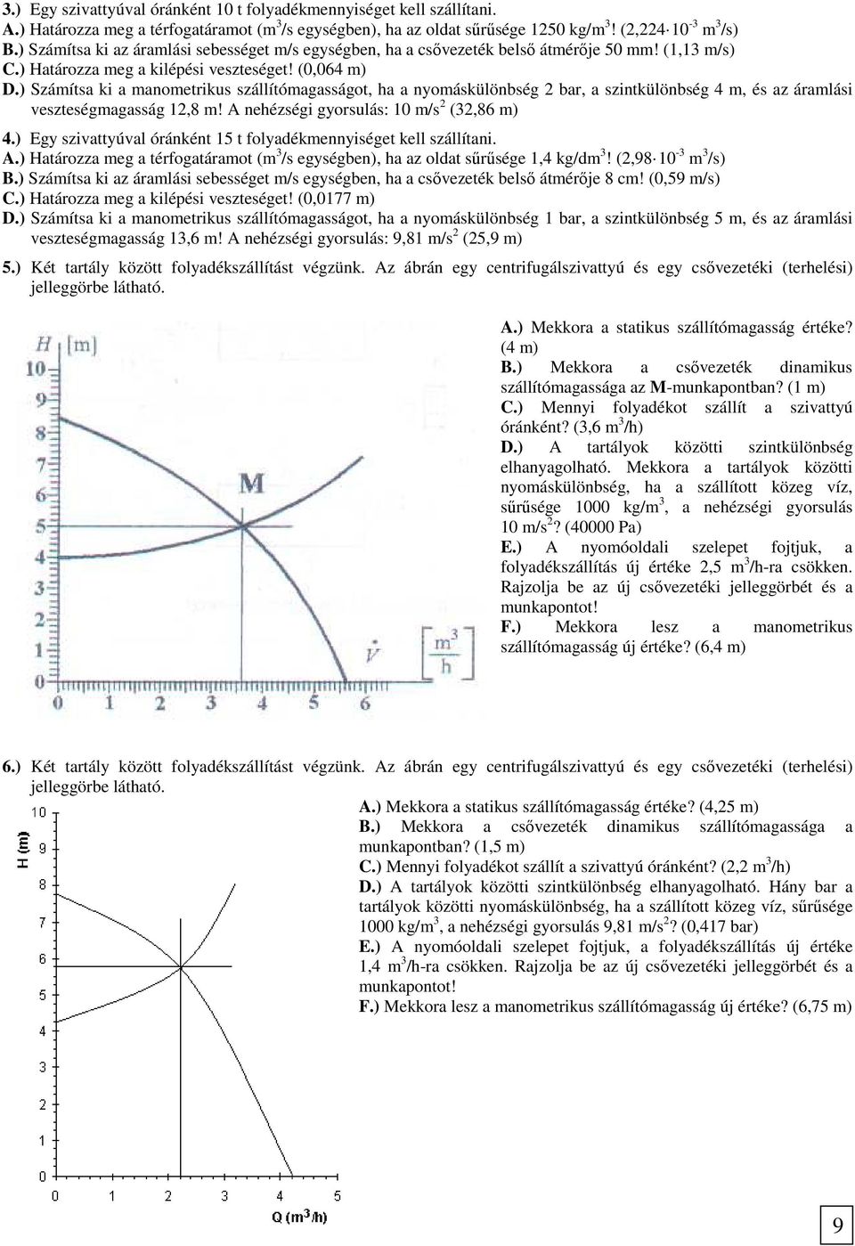 ) Számítsa ki a manometrikus szállítómagasságot, ha a nyomáskülönbség 2 bar, a szintkülönbség 4 m, és az áramlási veszteségmagasság 12,8 m! A nehézségi gyorsulás: 10 m/s 2 (32,86 m) 4.