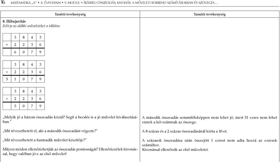 összeadás közül? Segít a becslés is a jó művelet kiválasztásában. Mit téveszthetett el, aki a második összeadást végezte? Mit téveszthetett a harmadik művelet készítője?