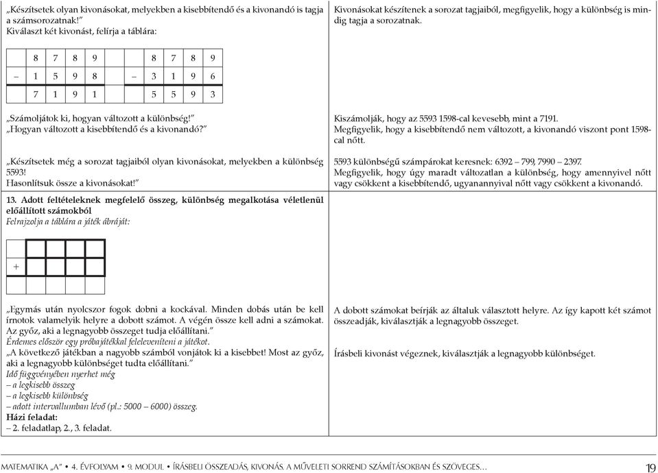 8 7 8 9 8 7 8 9 1 5 9 8 3 1 9 6 7 1 9 1 5 5 9 3 Számoljátok ki, hogyan változott a különbség! Hogyan változott a kisebbítendő és a kivonandó?