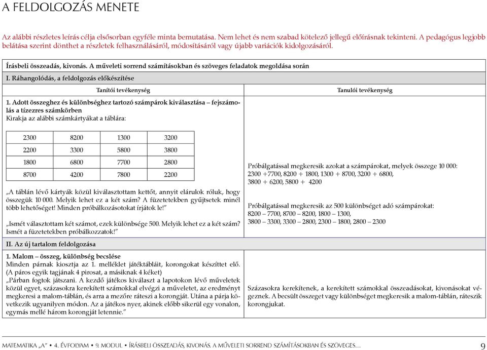 A műveleti sorrend számításokban és szöveges feladatok megoldása során I. Ráhangolódás, a feldolgozás előkészítése Tanítói tevékenység 1.