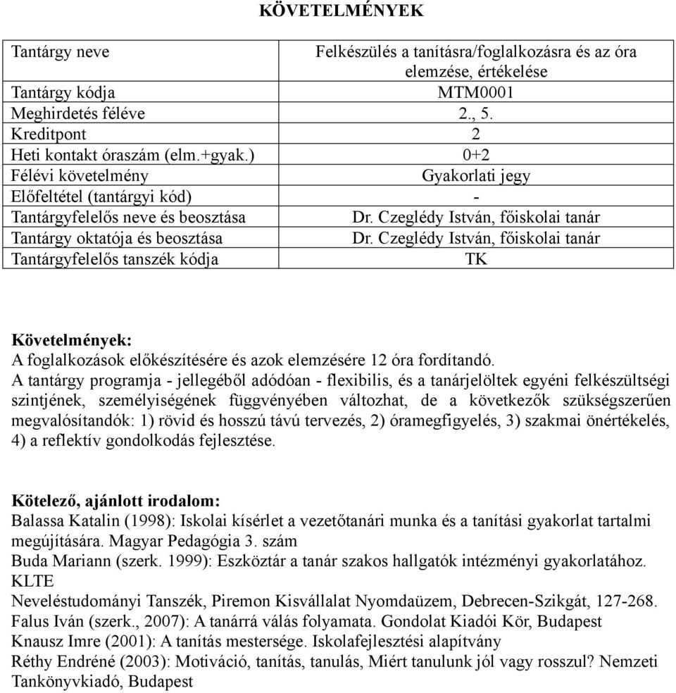 A tantárgy programja - jellegéből adódóan - flexibilis, és a tanárjelöltek egyéni felkészültségi szintjének, személyiségének függvényében változhat, de a következők szükségszerűen megvalósítandók: 1)