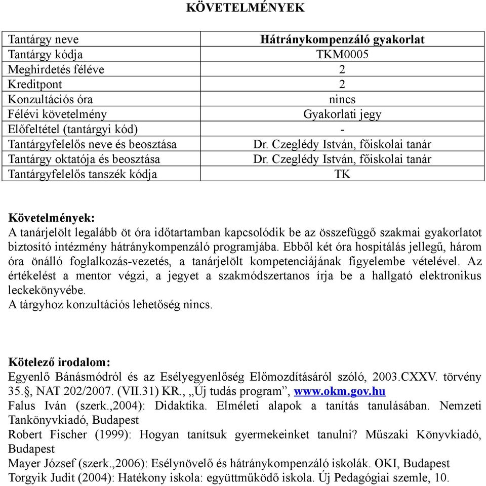 Az értékelést a mentor végzi, a jegyet a szakmódszertanos írja be a hallgató elektronikus leckekönyvébe. A tárgyhoz konzultációs lehetőség nincs.