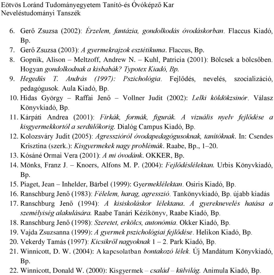 10. Hidas György Raffai Jenő Vollner Judit (2002): Lelki köldökzsinór. Válasz Könyvkiadó, Bp. 11. Kárpáti Andrea (2001): Firkák, formák, figurák.