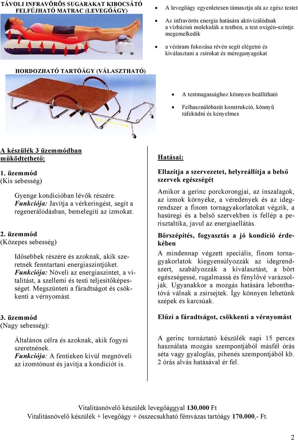 beállítható Felhasználóbarát konstrukció, könnyű ráfeküdni és kényelmes A készülék 3 üzemmódban működtethető: 1. üzemmód (Kis sebesség) Gyenge kondícióban lévők részére.