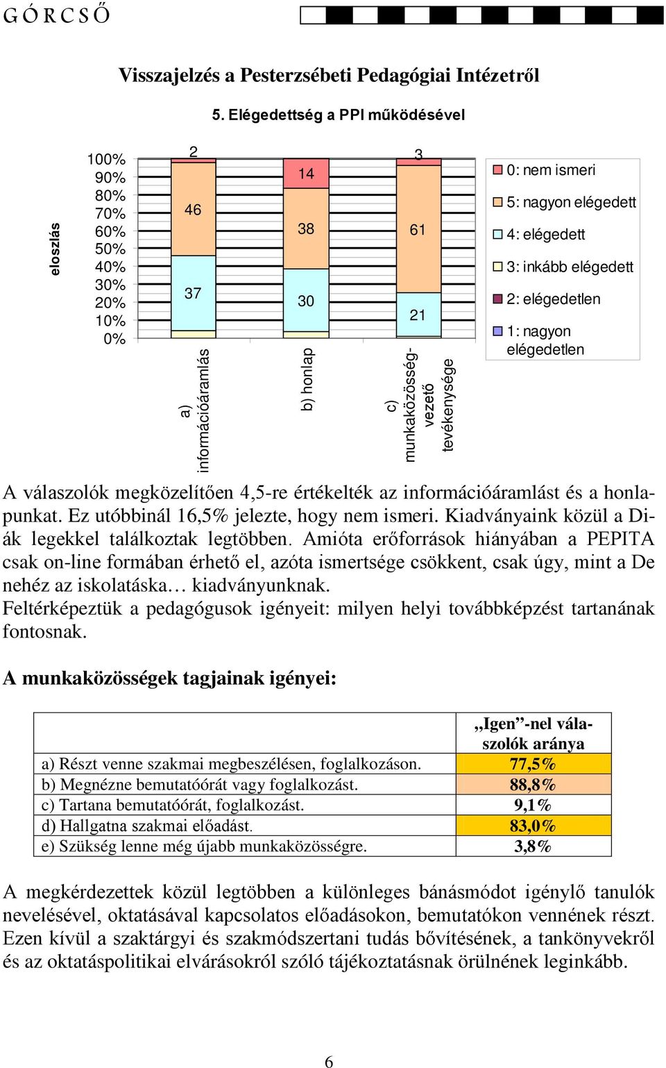 válaszolók megközelítően 4,5-re értékelték az információáramlást és a honlapunkat. Ez utóbbinál 16,5% jelezte, hogy nem ismeri. Kiadványaink közül a Diák legekkel találkoztak legtöbben.