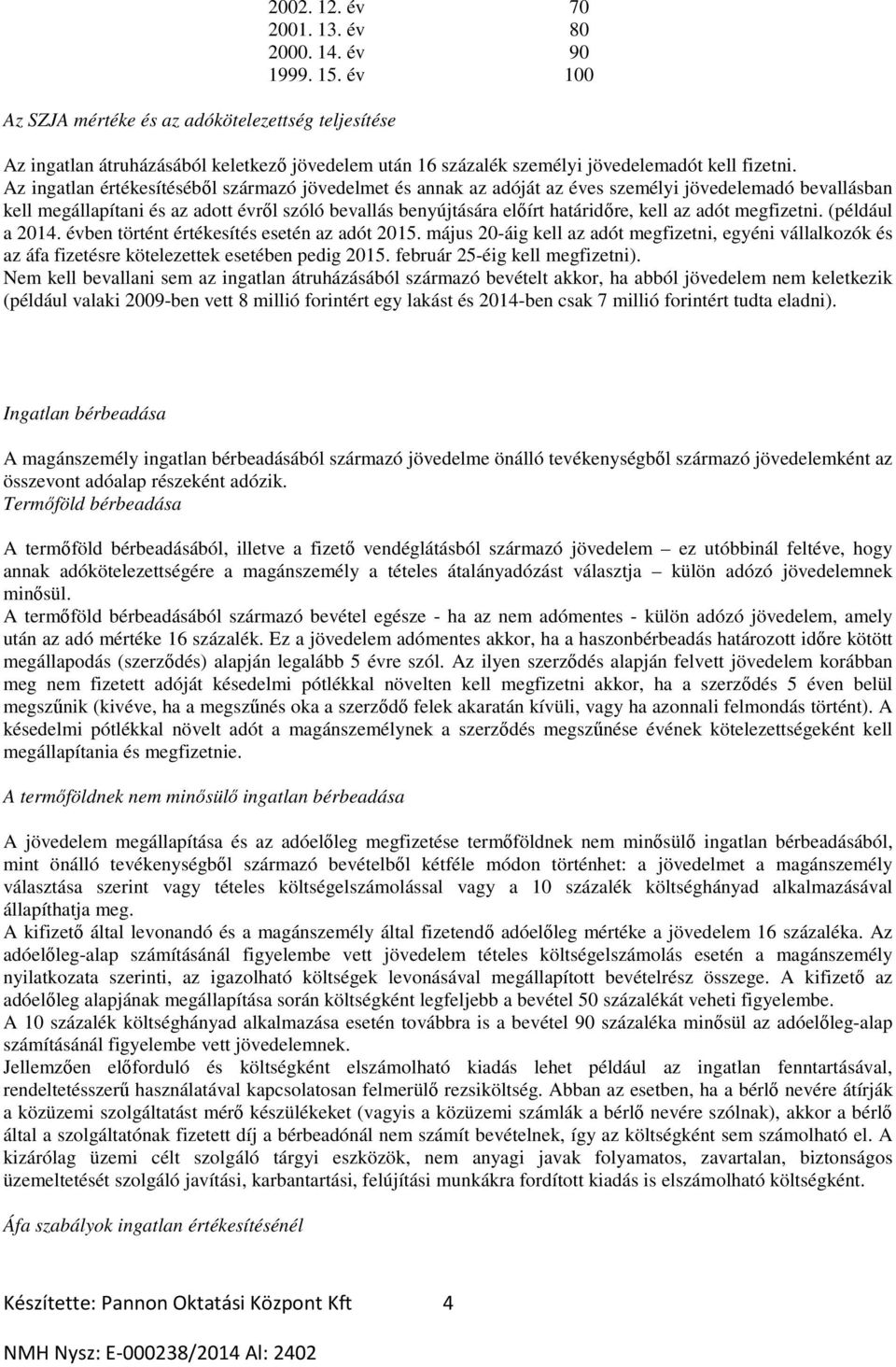 Az ingatlan értékesítéséből származó jövedelmet és annak az adóját az éves személyi jövedelemadó bevallásban kell megállapítani és az adott évről szóló bevallás benyújtására előírt határidőre, kell