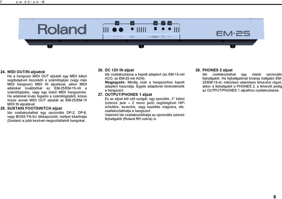 SUSTAIN FOOTSWITCH aljzat Ide csatlakoztathat egy opcionális DP-2, DP-6, vagy BOSS FS-5U lábkapcsolót, mellyel kitarthatja (Sustain) a jobb kezével megszólaltatott hangokat. 26.