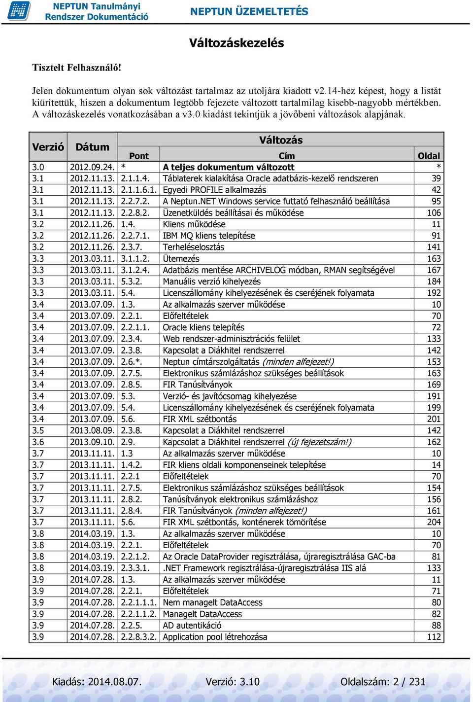 0 kiadást tekintjük a jövőbeni változások alapjának. Verzió Dátum Változás Pont Cím Oldal 3.0 2012.09.24. * A teljes dokumentum változott * 3.1 2012.11.13. 2.1.1.4. Táblaterek kialakítása Oracle adatbázis-kezelő rendszeren 39 3.