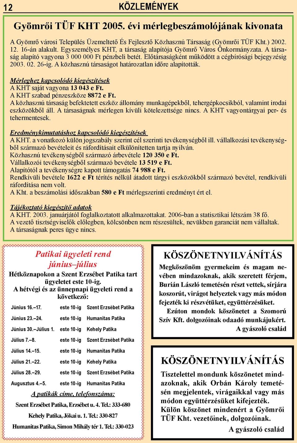 A közhasznú társaságot határozatlan időre alapították. Mérleghez kapcsolódó kiegészítések A KHT saját vagyona 13 043 e Ft. A KHT szabad pénzeszköze 8872 e Ft.