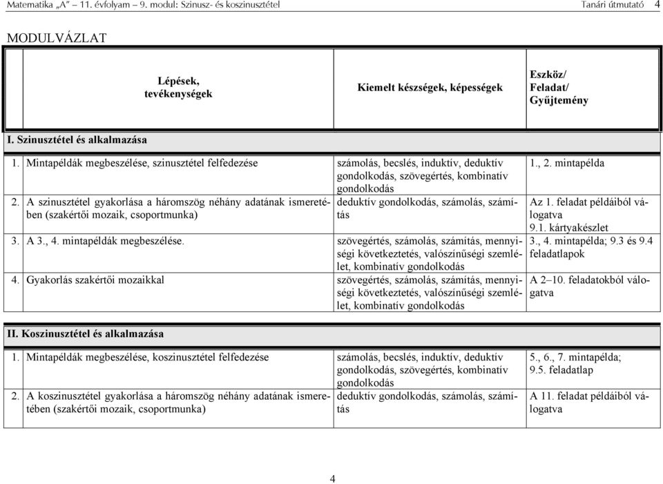 A szinusztétel gyakorlása a háromszög néhány adatának ismeretében (szakértői mozaik, csoportmunka) deduktív gondolkodás, számolás, számítás 3. A 3., 4. mintapéldák megbeszélése.