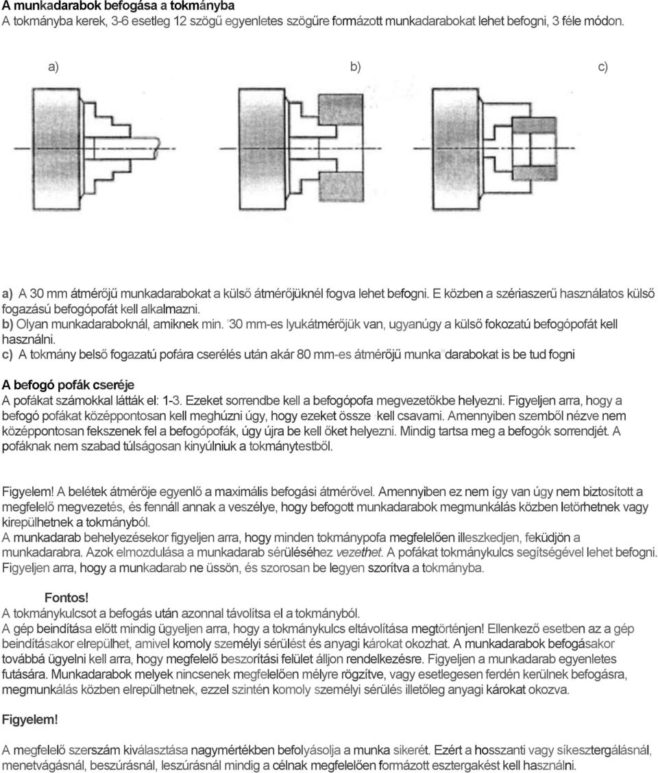 b) Olyan munkadaraboknál, amiknek min. '30 mm-es lyukátmérőjük van, ugyanúgy a külső fokozatú befogópofát kell használni.