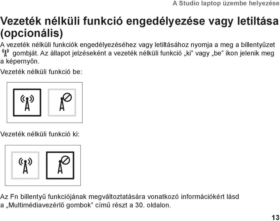 Az állapot jelzéseként a vezeték nélküli funkció ki vagy be ikon jelenik meg a képernyőn.