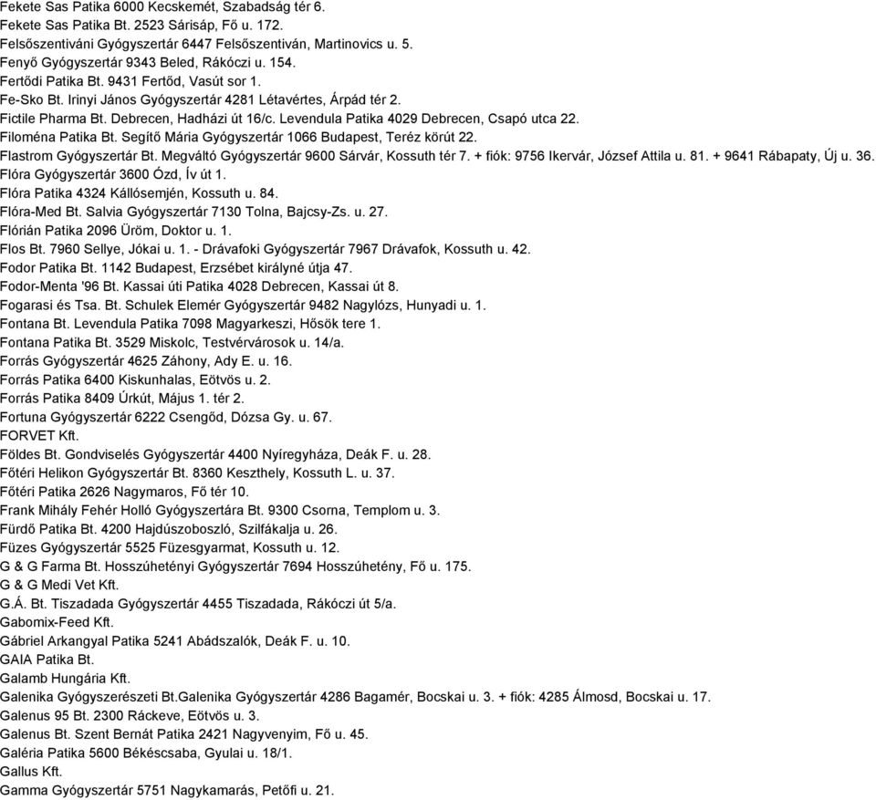 Debrecen, Hadházi út 16/c. Levendula Patika 4029 Debrecen, Csapó utca 22. Filoména Patika Bt. Segítő Mária Gyógyszertár 1066 Budapest, Teréz körút 22. Flastrom Gyógyszertár Bt.