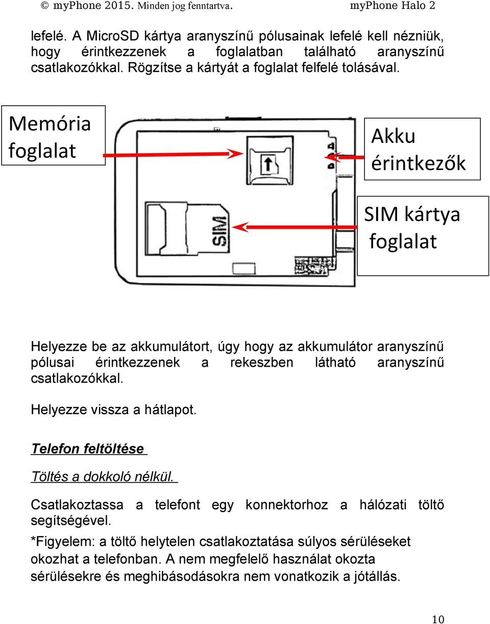 Memória foglalat Akku érintkezők SIM kártya foglalat Helyezze be az akkumulátort, úgy hogy az akkumulátor aranyszínű pólusai érintkezzenek a rekeszben látható aranyszínű