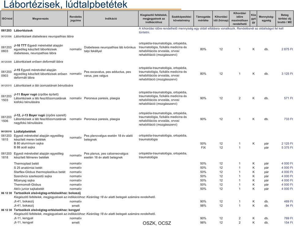 Beteg térítési díj bruttó / ME 061203 0603 J-10 TTT Eedi méretvétel alapján eedileg készített lábortézisek diabeteses, neuropathias lábra Diabeteses neuropathias láb krónikus talpi fekéllyel