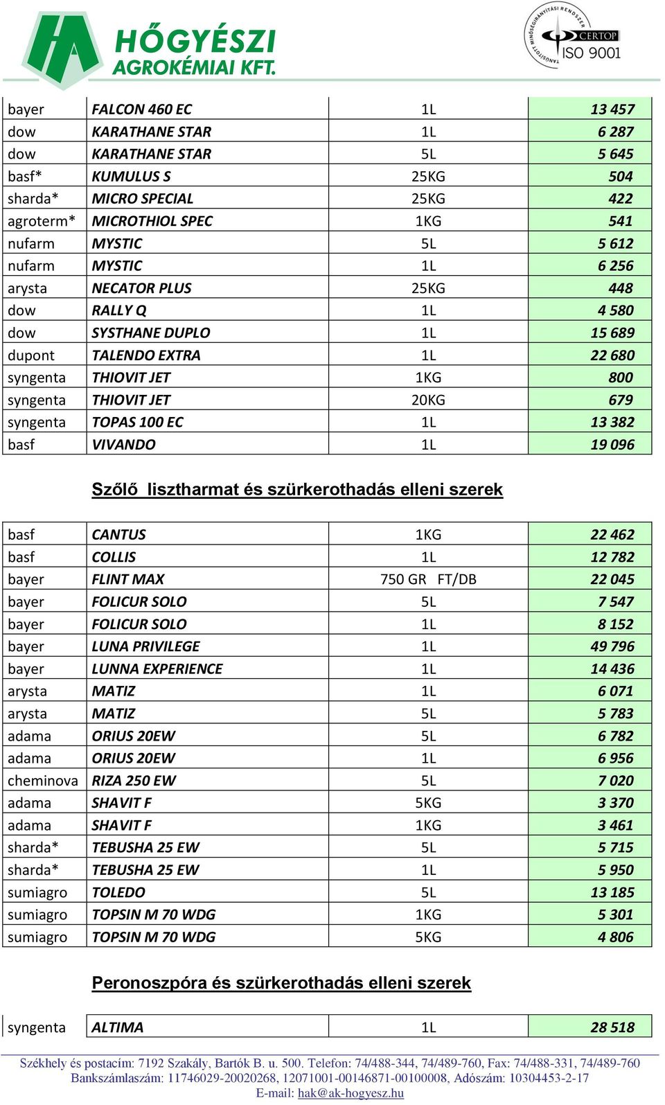 syngenta TOPAS 100 EC 1L 13 382 basf VIVANDO 1L 19 096 Szőlő lisztharmat és szürkerothadás elleni szerek basf CANTUS 1KG 22 462 basf COLLIS 1L 12 782 bayer FLINT MAX 750 GR FT/DB 22 045 bayer FOLICUR