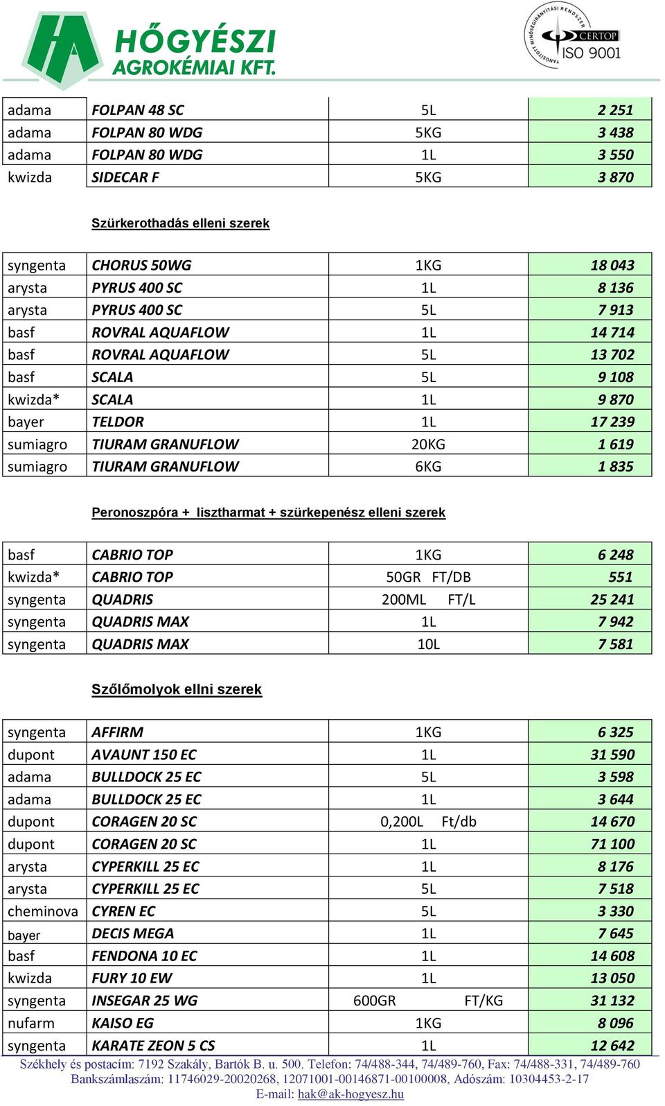 sumiagro TIURAM GRANUFLOW 6KG 1 835 Peronoszpóra + lisztharmat + szürkepenész elleni szerek basf CABRIO TOP 1KG 6 248 kwizda* CABRIO TOP 50GR FT/DB 551 syngenta QUADRIS 200ML FT/L 25 241 syngenta