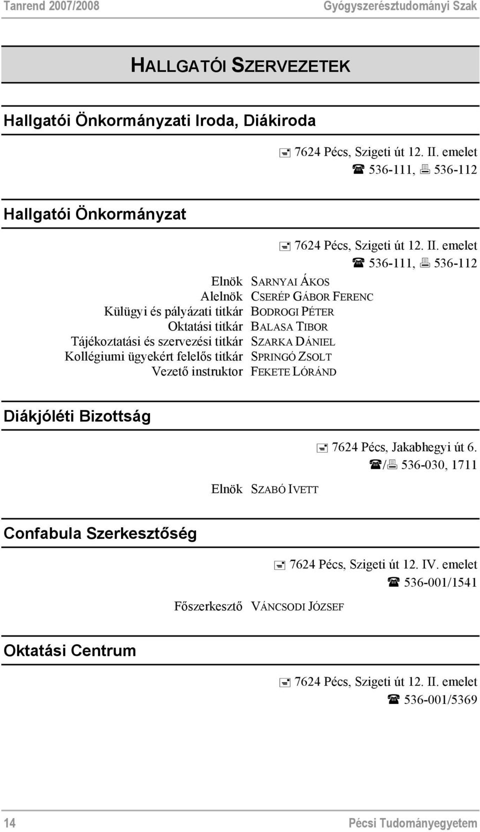 szervezési titkár SZARKA DÁNIEL Kollégiumi ügyekért felelős titkár SPRINGÓ ZSOLT Vezető instruktor FEKETE LÓRÁND 7624 Pécs, Szigeti út 12. II.