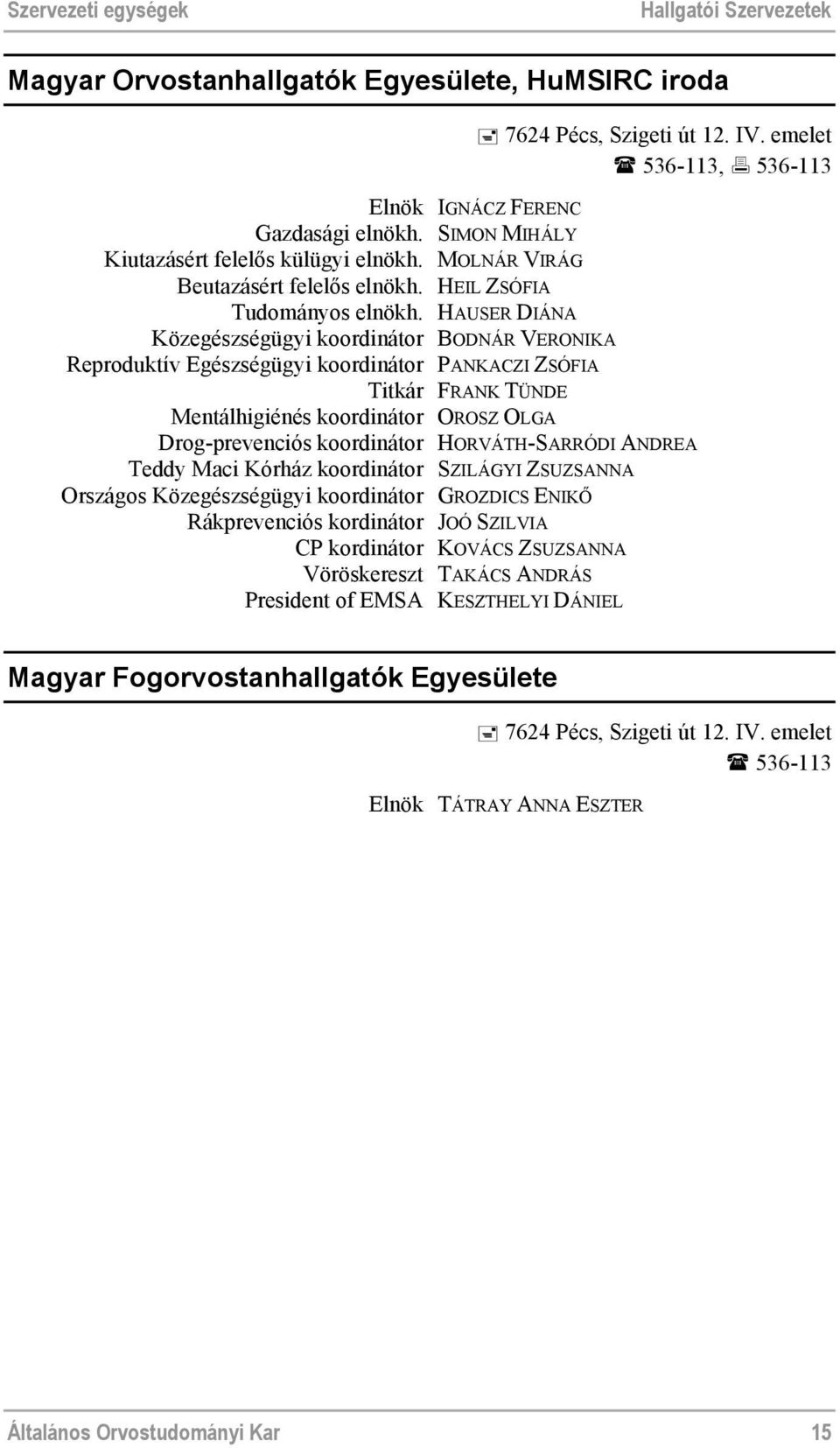 HAUSER DIÁNA Közegészségügyi koordinátor BODNÁR VERONIKA Reproduktív Egészségügyi koordinátor PANKACZI ZSÓFIA Titkár FRANK TÜNDE Mentálhigiénés koordinátor OROSZ OLGA Drog-prevenciós koordinátor